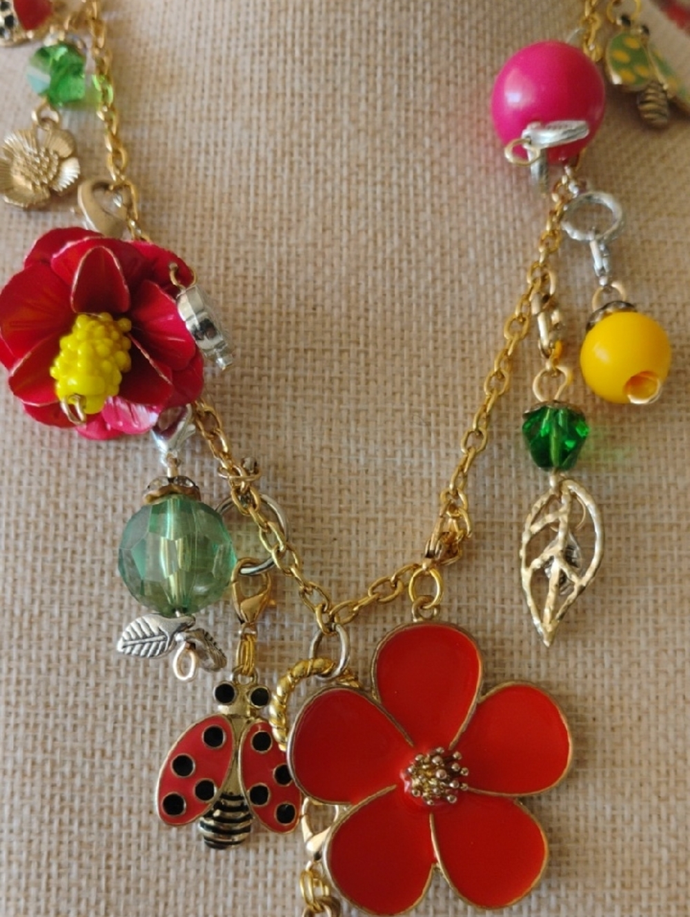 Spring Charm Neklace Upcycled Mixed Materials And Floral and Lady Bugs